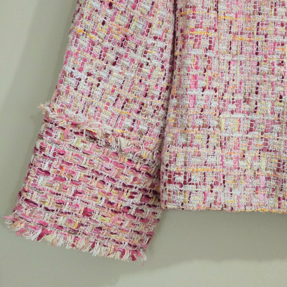 Etcetera Fringe Tweed Jacket Size 2 Zip Front Barbie Pink Tones Office old money - Picture 6 of 12